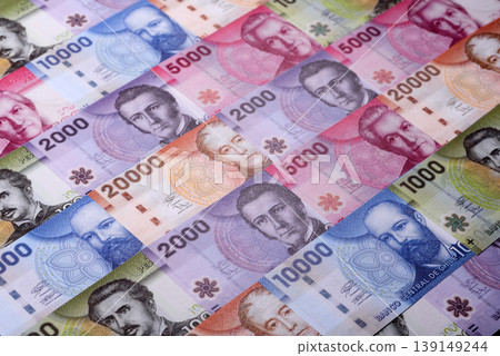 Chilean paper currency, peso, for financial transactions and exchange. Chilean peso currency Chilean paper currency, peso, for financial transactions and exchange. Chilean peso currency 139149244