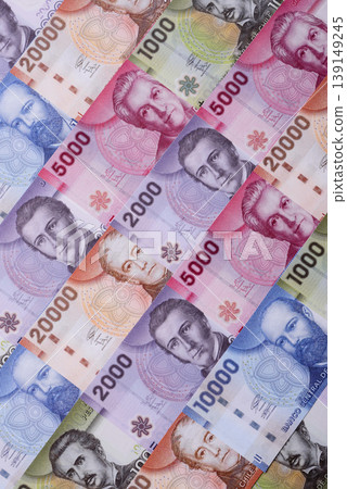 Chilean paper currency, peso, for financial transactions and exchange. Chilean peso currency Chilean paper currency, peso, for financial transactions and exchange. Chilean peso currency 139149245