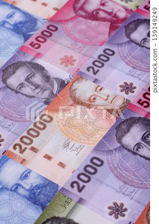Chilean paper currency, peso, for financial transactions and exchange. Chilean peso currency Chilean paper currency, peso, for financial transactions and exchange. Chilean peso currency 139149249