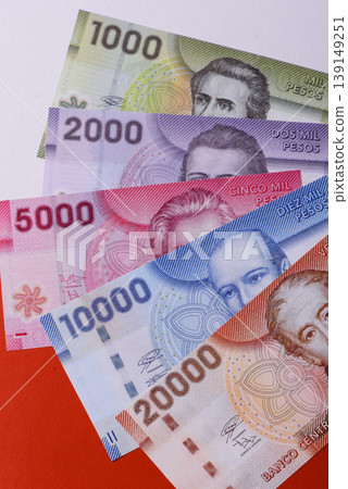 Chilean paper currency, peso, for financial transactions and exchange. Chilean peso currency Chilean paper currency, peso, for financial transactions and exchange. Chilean peso currency 139149251