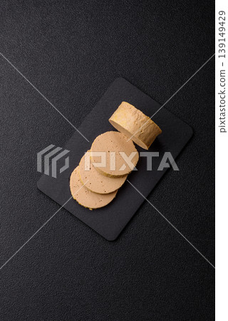 Foie gras, sliced chicken liver with fruit jam for French toast. Foie gras 139149429