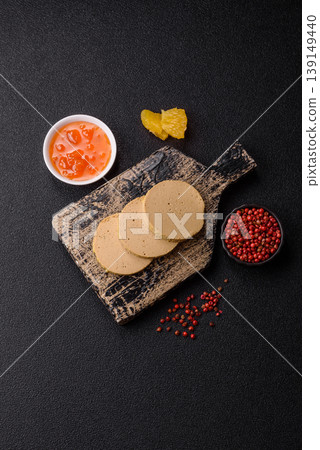 Foie gras, sliced chicken liver with fruit jam for French toast. Foie gras 139149440