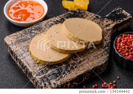 Foie gras, sliced chicken liver with fruit jam for French toast. Foie gras 139149442