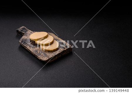 Foie gras, sliced chicken liver with fruit jam for French toast. Foie gras Foie gras, sliced chicken liver with fruit jam for French toast. Foie gras 139149448