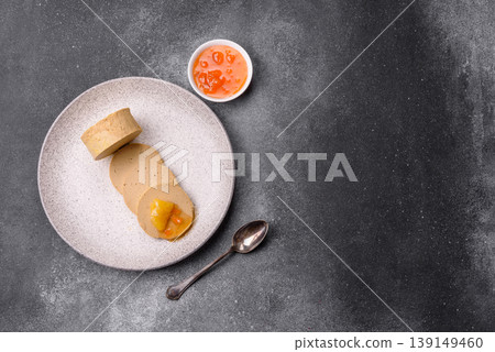 Foie gras, sliced chicken liver with fruit jam for French toast. Foie gras Foie gras, sliced chicken liver with fruit jam for French toast. Foie gras 139149460