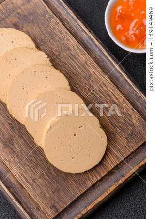 Foie gras, sliced chicken liver with fruit jam for French toast. Foie gras 139149469