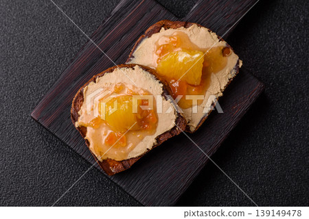 Foie gras, sliced chicken liver with fruit jam for French toast. Foie gras 139149478