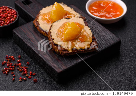 Foie gras, sliced chicken liver with fruit jam for French toast. Foie gras Foie gras, sliced chicken liver with fruit jam for French toast. Foie gras 139149479