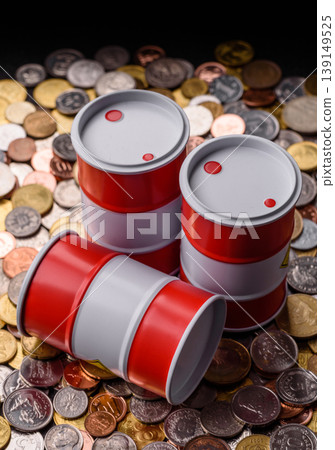 Metal barrels containing oil, gas, or chemicals, with a prohibition sign. Oil barrels Metal barrels containing oil, gas, or chemicals, with a prohibition sign. Oil barrels 139149525