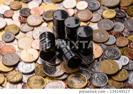 Metal barrels containing oil, gas, or chemicals, with a prohibition sign. Oil barrels Metal barrels containing oil, gas, or chemicals, with a prohibition sign. Oil barrels 139149527