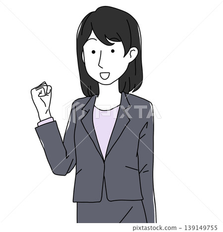 一位身穿西裝的女商務人士擺出勝利姿勢的插圖——激勵、成功、簡潔 139149755