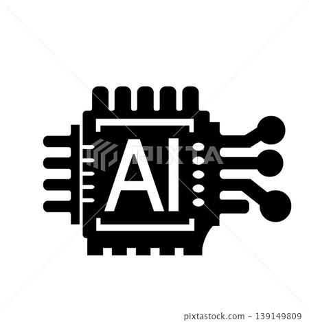 A business-oriented icon (black) representing the AI chip, the core component of an artificial intelligence system. 139149809