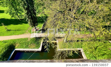 Aerial footage of a stone bridge over a serene river and trees 139150037