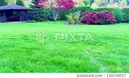 A vibrant lawn with flowers, trees, and a gazebo creates tranquility 139150057