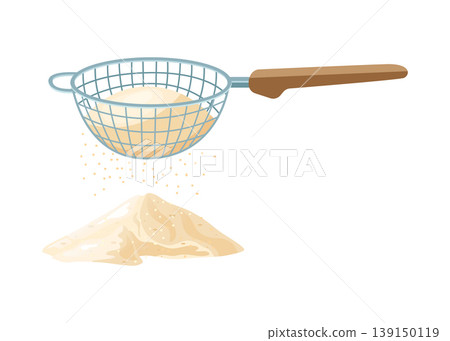Flour sifter with falling powder and baking ingredient stock illustration. 139150119