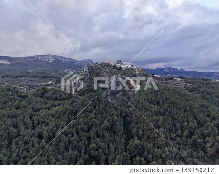 Dramatic mountain ridge scene, Stunning aerial view showcasing rugged limestone and dense foliage Dramatic mountain ridge scene, Stunning aerial view showcasing rugged limestone and dense foliage 139150217