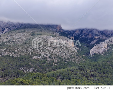 Stormy mountain scene, Intense storm front casting shadows over limestone peaks and lush pine forest Stormy mountain scene, Intense storm front casting shadows over limestone peaks and lush pine forest 139150407