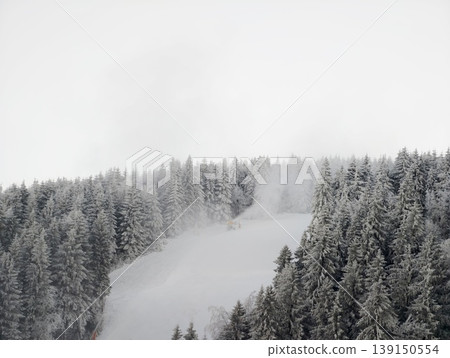 Serene winter slope. Calm snowy hillside rising from woods with drifting fog and frosted branches 139150554