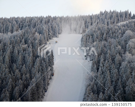 Chilly morning scene showcasing pristine ski trail amid snowcovered trees and mountain panoramas Chilly morning scene showcasing pristine ski trail amid snowcovered trees and mountain panoramas 139150575