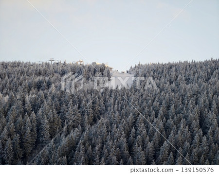 Isolated snowy terrain set amidst dense frost enshrouded woodland with expansive highland views Isolated snowy terrain set amidst dense frost enshrouded woodland with expansive highland views 139150576