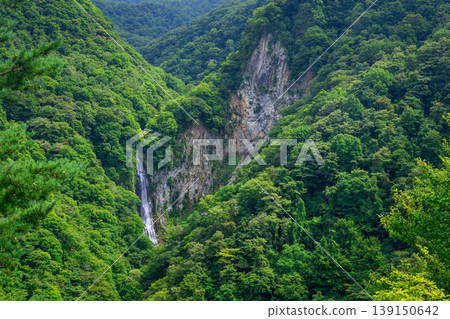 Kanman Falls, a famous waterfall in Shiga Kogen, offers stunning views amidst the deep green of September. 139150642