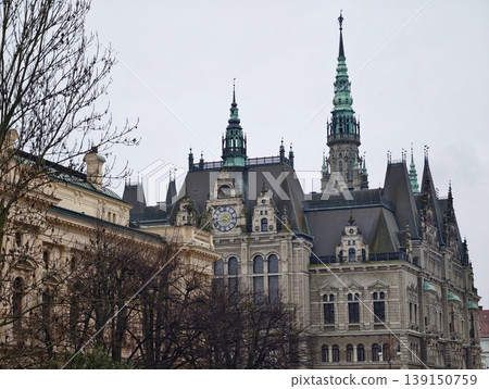 Historic castle with towering spires. Gothic style cityscape highlighting heritage and strength Historic castle with towering spires. Gothic style cityscape highlighting heritage and strength 139150759