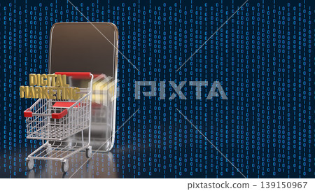 Digital Marketing E commerce Concept with Shopping Cart and Smartphone 3d render. Digital Marketing E commerce Concept with Shopping Cart and Smartphone 3d render. 139150967