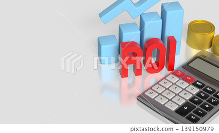 Return on Investment ROI Analysis with Calculator Coins and Growth Chart 3d render. 139150979