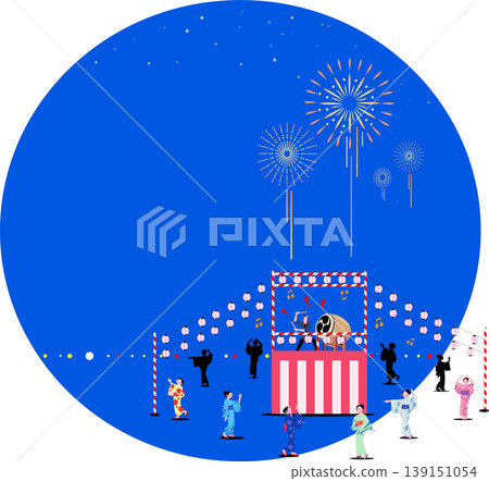 以盂蘭盆舞和煙火為背景的夏季節日插圖,留有文字空間,向量格式。 以盂蘭盆舞和煙火為背景的夏季節日插圖,留有文字空間,向量格式。 139151054