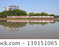 Happy Line Fukui's special livery mixed 4-car train reflected in the water: the train's body reflected on the surface of the rice paddy. 139151065