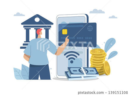 Online transactions, Pay by credit card via electronic wallet, Electronic payments, Smartphone with Online Payment, Businessman conducts financial transactions with bank electronically wirelessly. Online transactions, Pay by credit card via electronic wallet, Electronic payments, Smartphone with Online Payment, Businessman conducts financial transactions with bank electronically wirelessly. 139151108