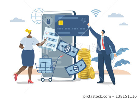 Online transactions, Pay by credit card via electronic wallet, Smartphone with Online Payment, Businessman and woman conducts financial transactions with bank electronically wirelessly. Online transactions, Pay by credit card via electronic wallet, Smartphone with Online Payment, Businessman and woman conducts financial transactions with bank electronically wirelessly. 139151110