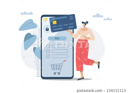 Online transactions, Pay by credit card via electronic wallet, Electronic payments, Smartphone with Online Payment, Businesswoman conducts financial transactions with bank electronically wirelessly. Online transactions, Pay by credit card via electronic wallet, Electronic payments, Smartphone with Online Payment, Businesswoman conducts financial transactions with bank electronically wirelessly. 139151113