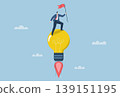 Ideas towards goals, innovation or creative new thinking encourages business to reach goals, Businessman holds winner flag riding light bulb idea flying into the sky. Vector design illustration. 139151195