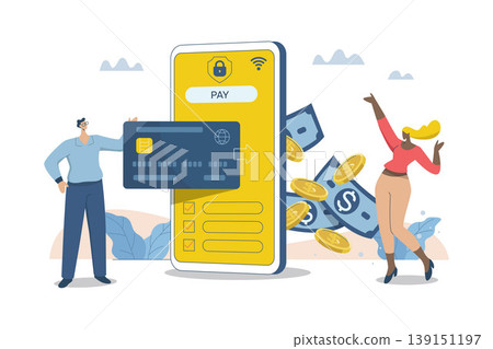 Online transactions, Pay by credit card, currency exchange, Smartphone with Online Payment, Businessman and woman conducts financial transactions with bank electronically wirelessly. Online transactions, Pay by credit card, currency exchange, Smartphone with Online Payment, Businessman and woman conducts financial transactions with bank electronically wirelessly. 139151197