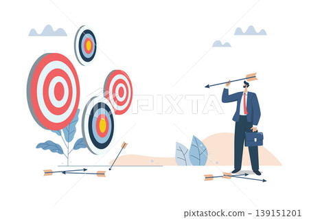 Multiple objectives, Aiming at multiple targets, Failures and incorrect attempts, Unable to decide which target to shoot at, Businessman with multiple arrows and targets. Vector design illustration. Multiple objectives, Aiming at multiple targets, Failures and incorrect attempts, Unable to decide which target to shoot at, Businessman with multiple arrows and targets. Vector design illustration. 139151201