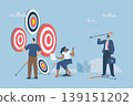 Multiple objectives, Aiming at multiple targets, Failures and incorrect attempts, Unable to decide which target to shoot at, Businessteam with multiple arrows and targets. Vector design illustration. 139151202