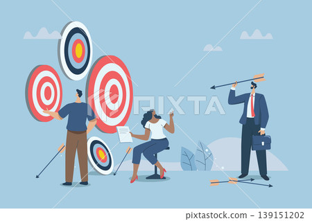 Multiple objectives, Aiming at multiple targets, Failures and incorrect attempts, Unable to decide which target to shoot at, Businessteam with multiple arrows and targets. Vector design illustration. Multiple objectives, Aiming at multiple targets, Failures and incorrect attempts, Unable to decide which target to shoot at, Businessteam with multiple arrows and targets. Vector design illustration. 139151202