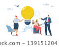 Brainstorming ideas creative, Finding suitable solutions and strategies together, Working as a team or collaboration, Cooperation, Team gathering ideas. Businessman and woman with big light bulbs. 139151204