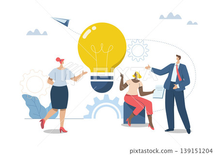 Brainstorming ideas creative, Finding suitable solutions and strategies together, Working as a team or collaboration, Cooperation, Team gathering ideas. Businessman and woman with big light bulbs. 139151204
