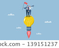 Ideas towards goals, innovation or creative new thinking encourages business to reach goals, male businessman holds winner flag riding light bulb idea flying into the sky. Vector design illustration. 139151237