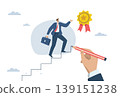 Leadership or consultant, Providing advice and assistance to the company's employees, Lead to business goals, Big hand uses pencil to draw ladder helping businessman walk up to receive success award. 139151238