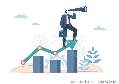Business vision and goal setting, Investment and future market growth forecast, Path to develop investment returns, Businessman holding binoculars standing on arrows. Vector design illustration. 139151242