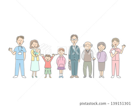 插圖描繪了一個笑容燦爛的三代家庭和一位護士。 插圖描繪了一個笑容燦爛的三代家庭和一位護士。 139151301