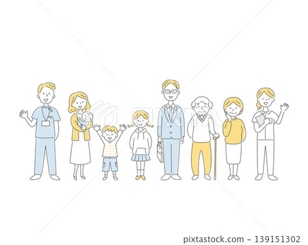 一幅黑白插圖，描繪了一個笑容燦爛的三代同堂家庭和一位護士。 139151302