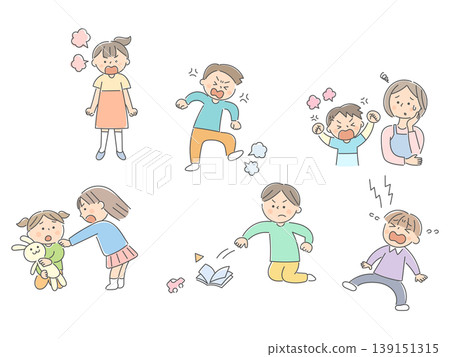 一組透過臉部表情和行為描繪兒童壓力和困難的插圖。 一組透過臉部表情和行為描繪兒童壓力和困難的插圖。 139151315