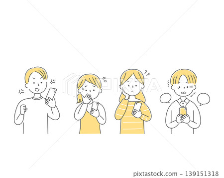 A monochrome illustration of four young men and women struggling with smartphone problems. A monochrome illustration of four young men and women struggling with smartphone problems. 139151318