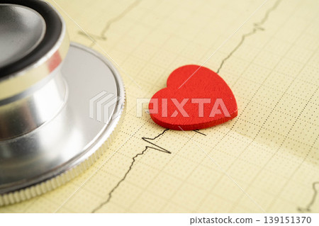 Stethoscope on electrocardiogram ECG, heart wave, heart attack, cardiogram report. Stethoscope on electrocardiogram ECG, heart wave, heart attack, cardiogram report. 139151370