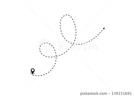 Travel Route With Dotted Flight Path, Location Pin and Curved Arrow Suggesting Journey Direction 139151691