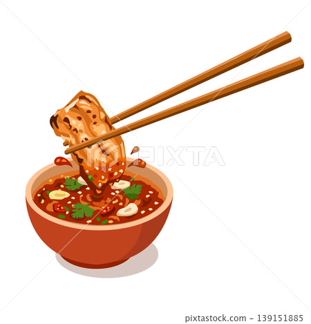 Grilled Pork Belly Dipping in Thai Spicy Sauce (Nam Jim Jaew) Vector Illustration Grilled Pork Belly Dipping in Thai Spicy Sauce (Nam Jim Jaew) Vector Illustration 139151885